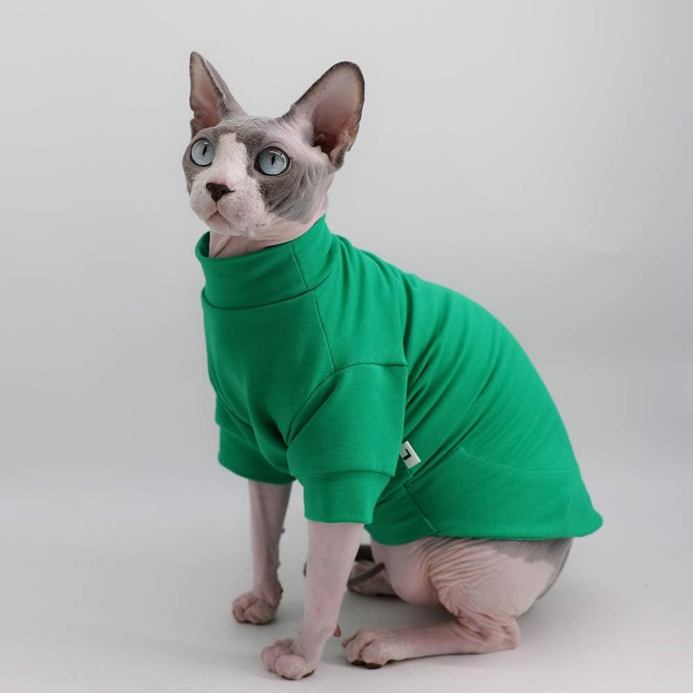 Sphynx Hairless Cat Cotton Tshirts Pet Clothes, Pullover Kitten T-Shirts with Sleeves, Cats & Small Dogs Apparel Solid Color (S (3.3-5 Lbs), Green)