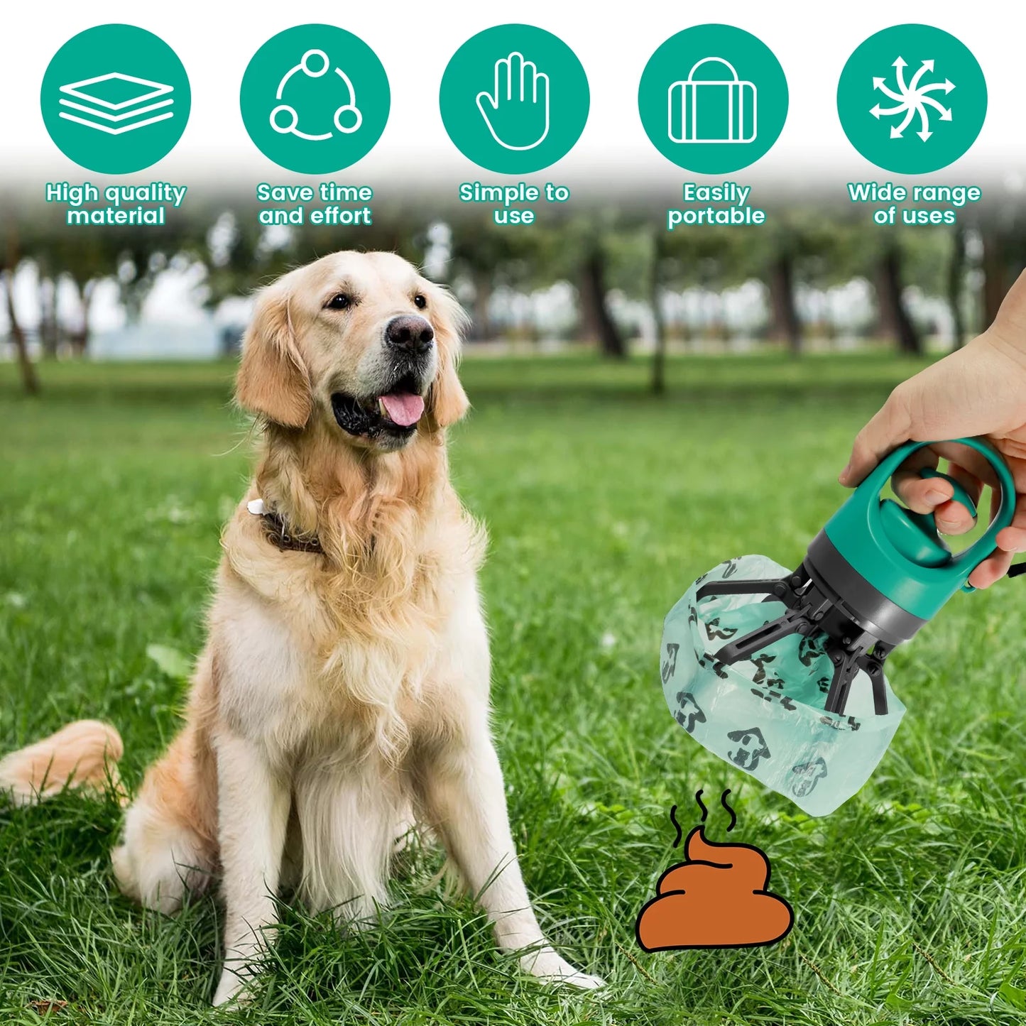 Dog Pooper Scooper Portable Claw Poop Scooper with Built-In Poop Bag Dispenser Lightweight Pet Waste Pick-Up Cleaner Handheld Pet Poop Grabber for Small Medium and Large Dogs Walking