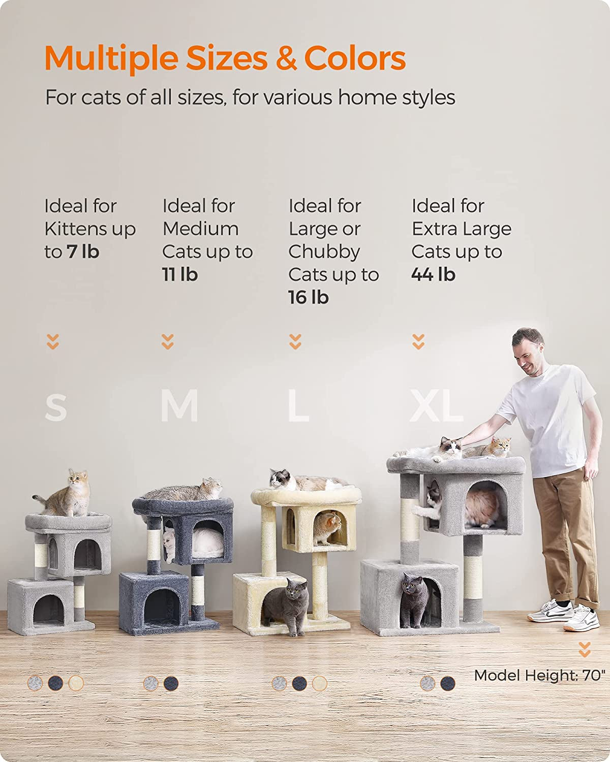 Cat Tree, 33.1-Inch Cat Tower, L, Cat Condo for Large Cats up to 16 Lb, Large Cat Perch, 2 Cat Caves, Scratching Post, Light Gray UPCT61W