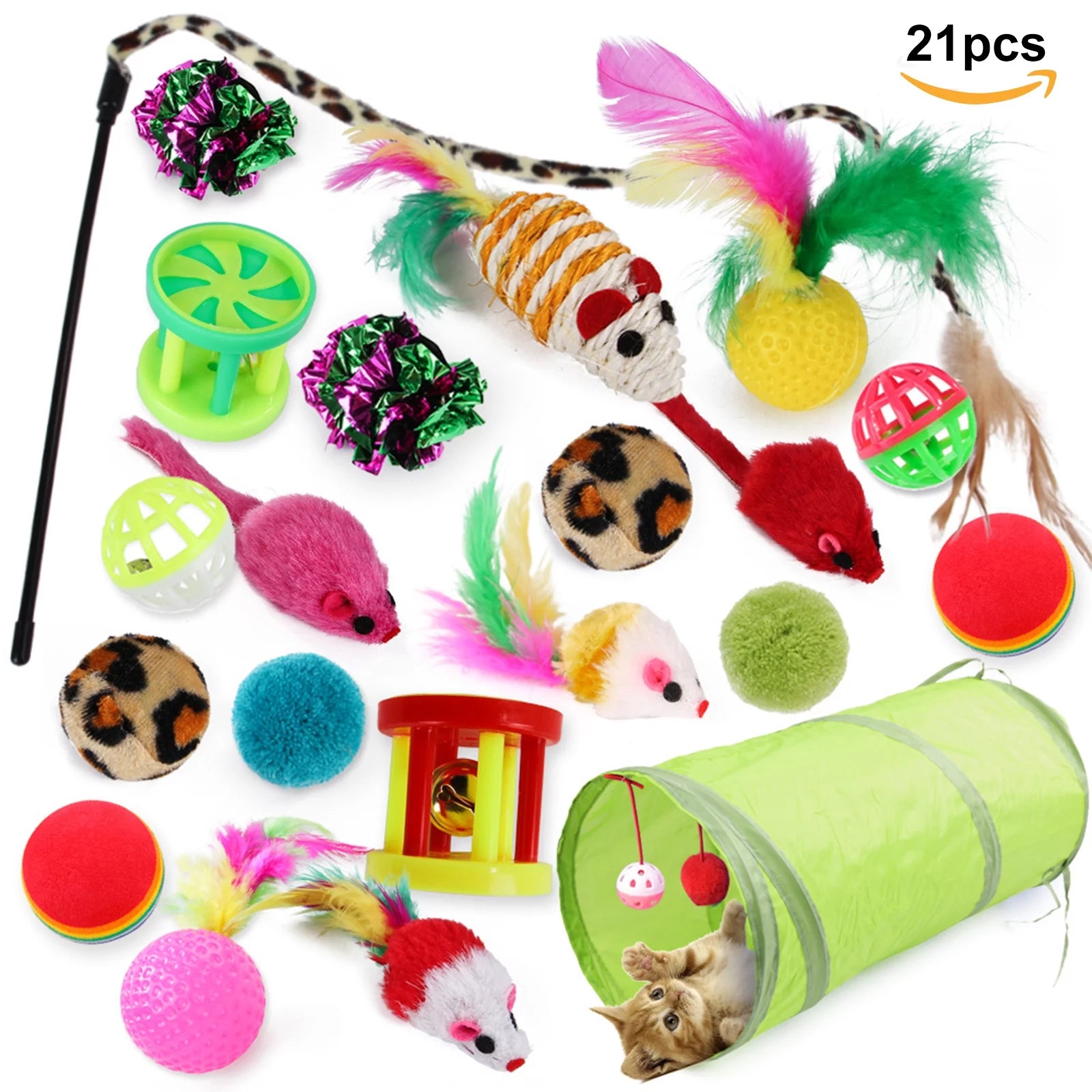 21 Pcs Cat Toys Kitten Toys Assortments Tunnel Interactive Cat Teaser Fluffy Mouse Crinkle Balls for Cat