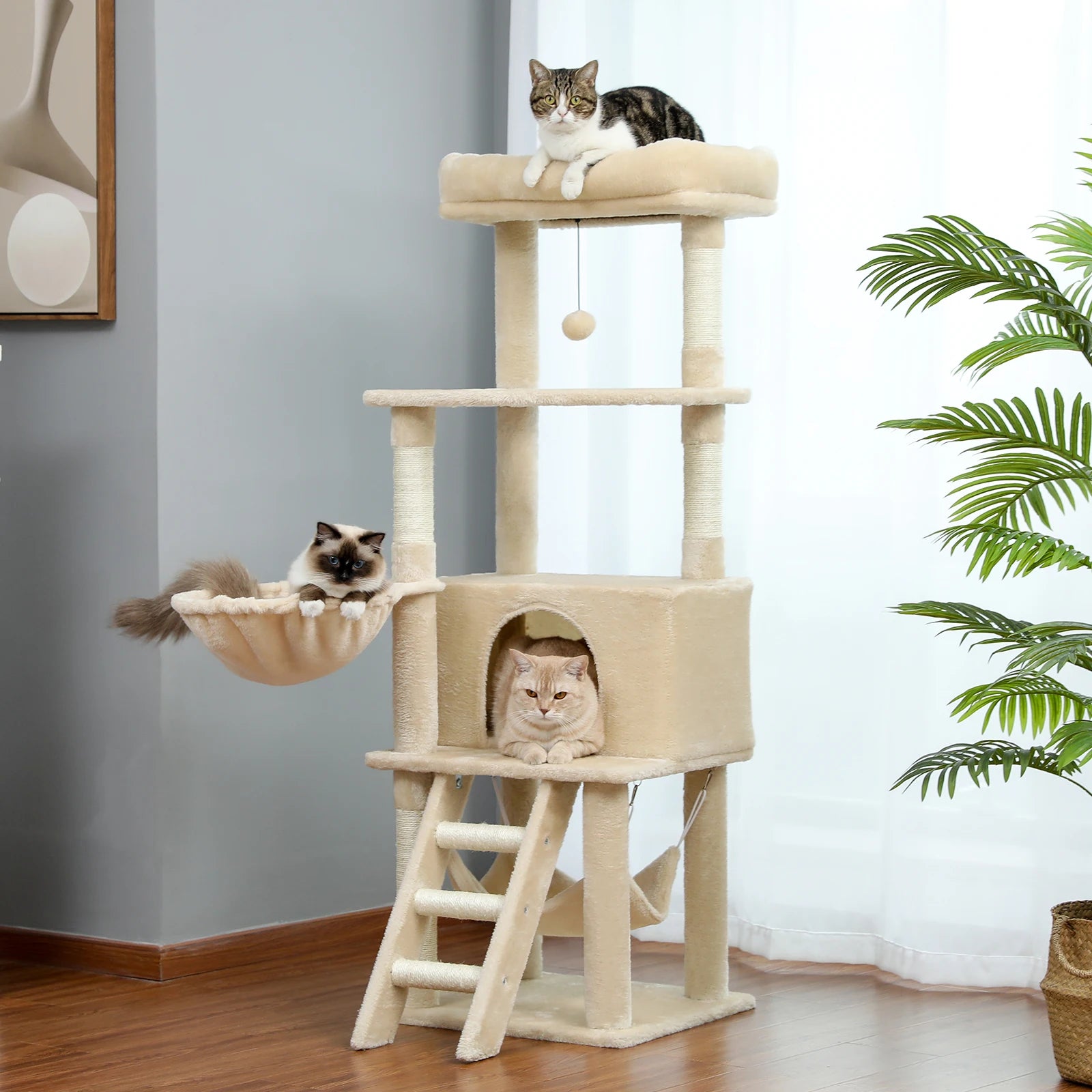 Multi-Level Pet Cat Tree House Candos Soft Natural Sisal Scratching Posts for Kitten Tower with Basket Beds Protecting Furniture