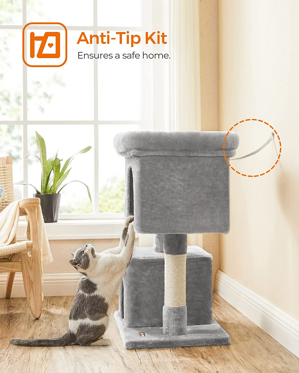 Cat Tree, 33.1-Inch Cat Tower, L, Cat Condo for Large Cats up to 16 Lb, Large Cat Perch, 2 Cat Caves, Scratching Post, Light Gray UPCT61W