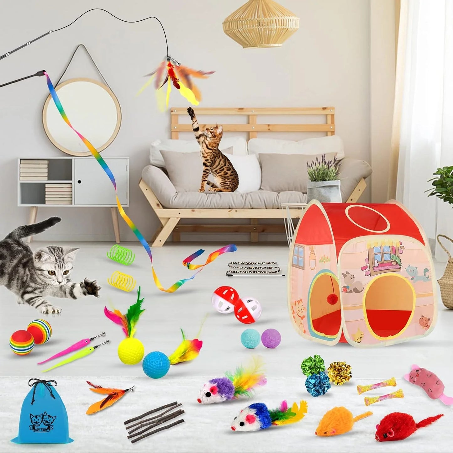 34Pcs Cat Toys Kitten Toys, Interactive Kitty Toys with Collapsible Cat Tunnels Tent, Cat Wand Catnip Feather Teaser