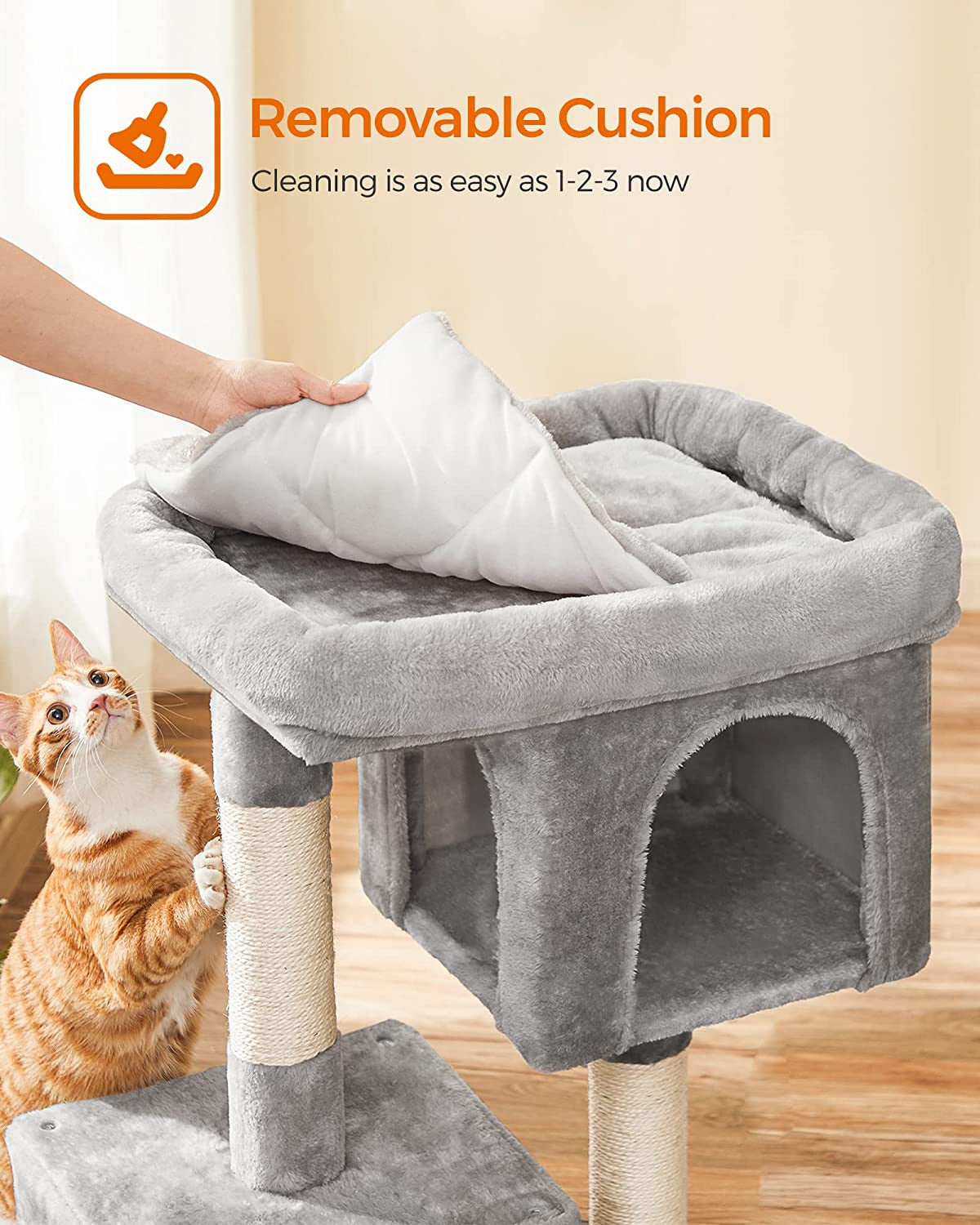 Cat Tree, 33.1-Inch Cat Tower, L, Cat Condo for Large Cats up to 16 Lb, Large Cat Perch, 2 Cat Caves, Scratching Post, Light Gray UPCT61W