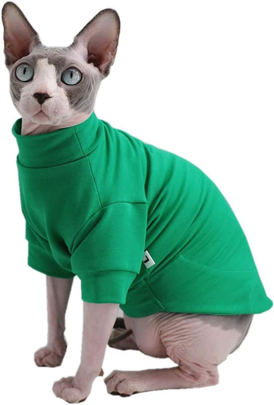 Sphynx Hairless Cat Cotton Tshirts Pet Clothes, Pullover Kitten T-Shirts with Sleeves, Cats & Small Dogs Apparel Solid Color (S (3.3-5 Lbs), Green)