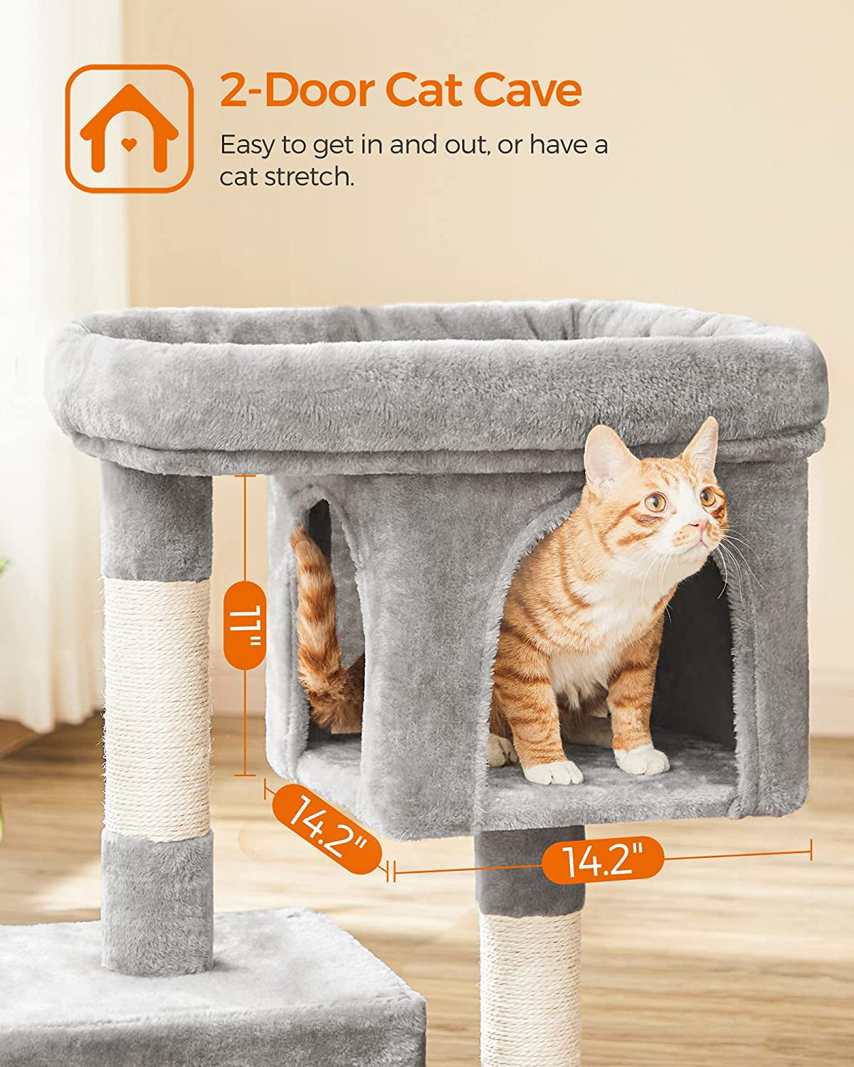 Cat Tree, 33.1-Inch Cat Tower, L, Cat Condo for Large Cats up to 16 Lb, Large Cat Perch, 2 Cat Caves, Scratching Post, Light Gray UPCT61W