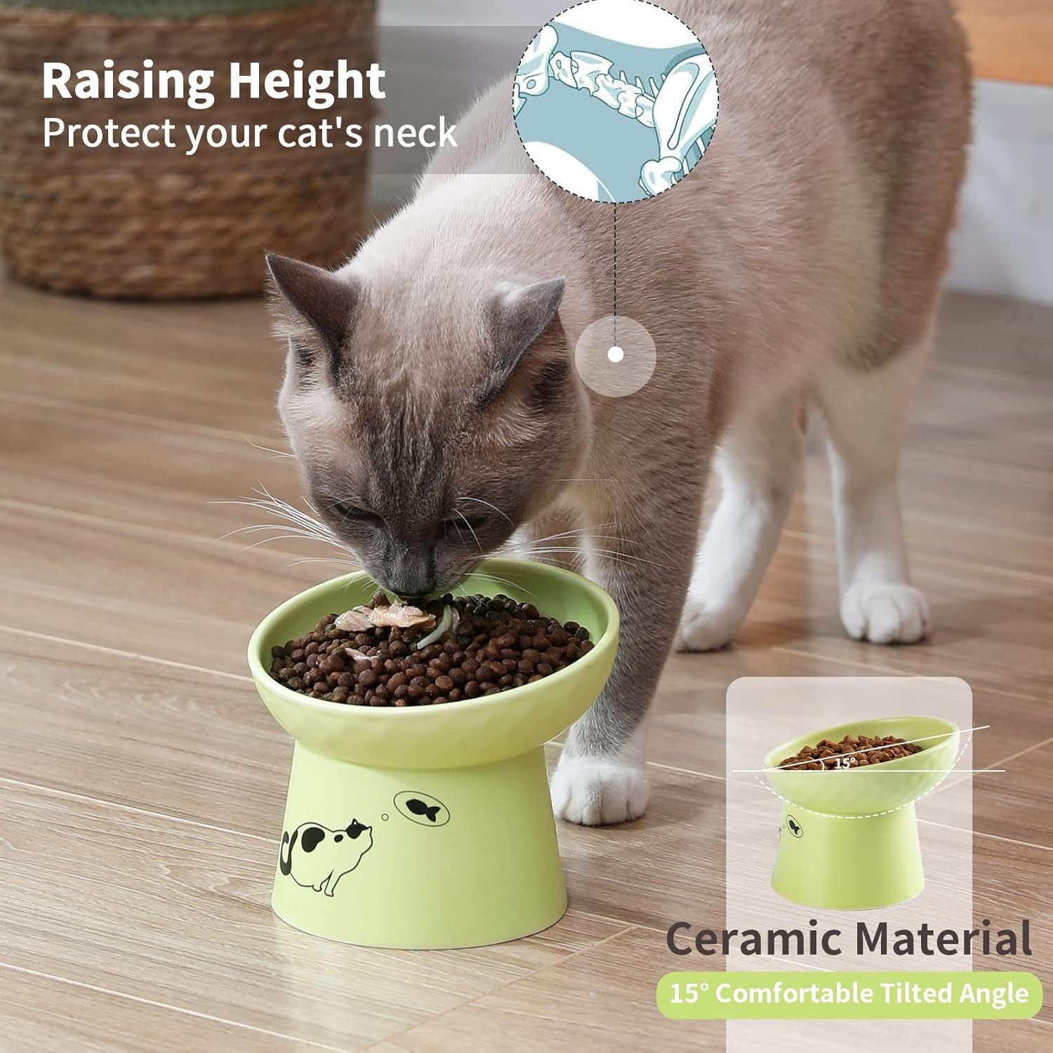 Ceramic Raised Cat Bowls, Tilted Elevated Cat Food Water Bowl Set, Porcelain Stress Free Pet Feeder Dish for Cats and Small Dogs, Dishwasher and Microwave Safe - White & Fruit Green, Set of 2