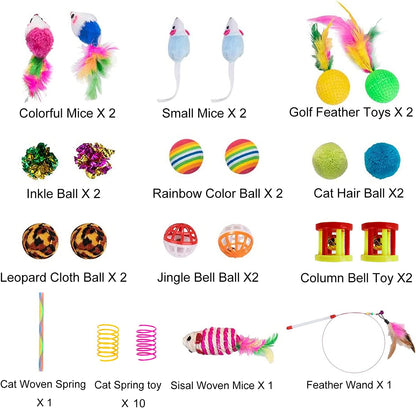 32Pcs Cat Toys Kitten Interactive Pet Toys Assortments, Foldable Rainbow Tunnel, Cat Feather Teaser Wand Interactive Feather Toy Fluffy Mouse Crinkle Balls Bell Play for Cat Puppy Kitty Kitten(2 Way)