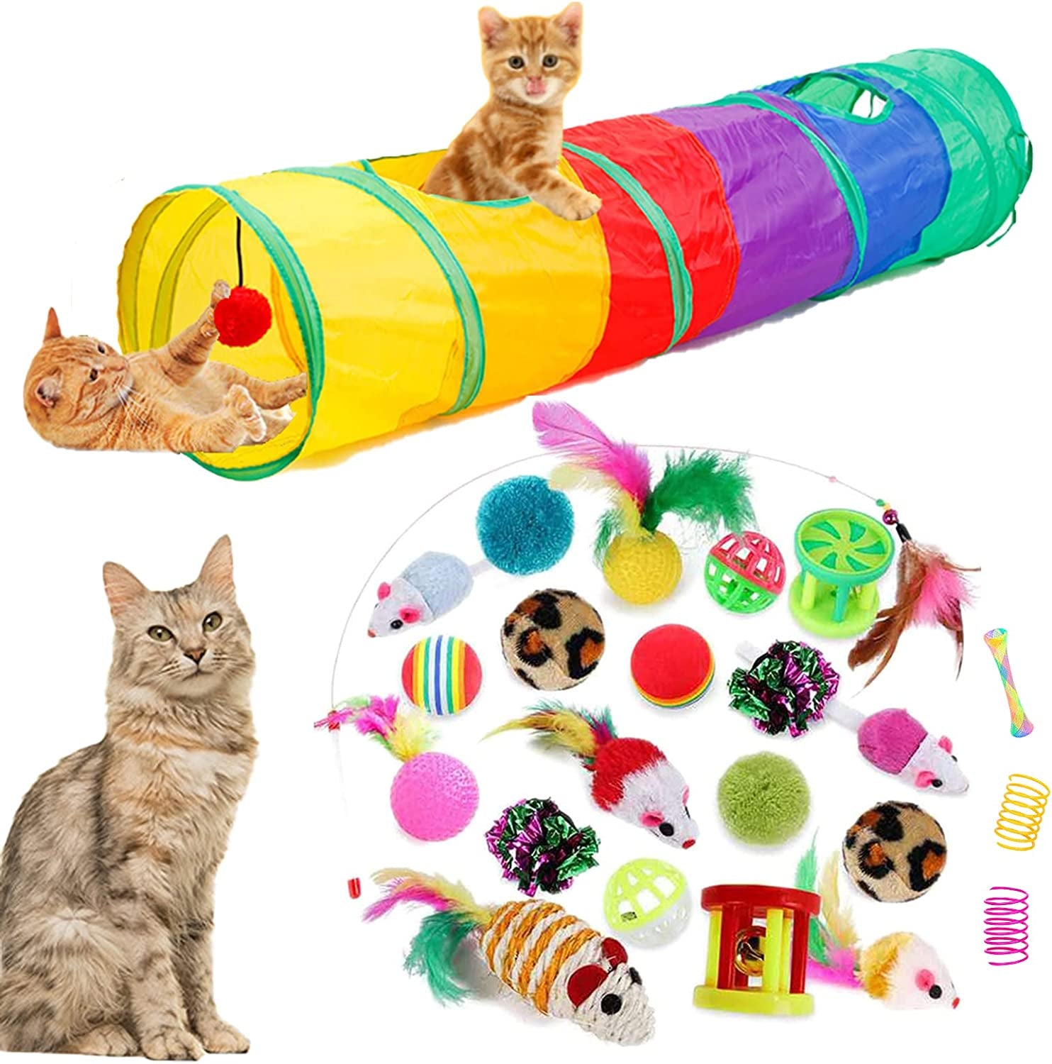 32Pcs Cat Toys Kitten Interactive Pet Toys Assortments, Foldable Rainbow Tunnel, Cat Feather Teaser Wand Interactive Feather Toy Fluffy Mouse Crinkle Balls Bell Play for Cat Puppy Kitty Kitten(2 Way)