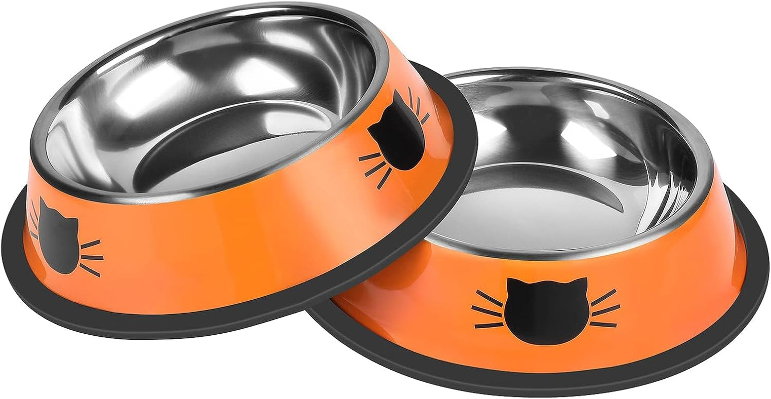 2Pcs Cat Bowls Non-Slip Stainless Steel Small Cat Food Bowls Unbreakable Thicken Cat Feeder 7 Oz Cat Dishes Suitable for Indoor Small Pets Removable Rubber Base Easily Clean Lovely Color