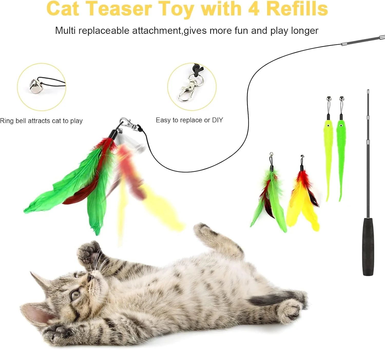 34Pcs Cat Toys Kitten Toys, Interactive Kitty Toys with Collapsible Cat Tunnels Tent, Cat Wand Catnip Feather Teaser